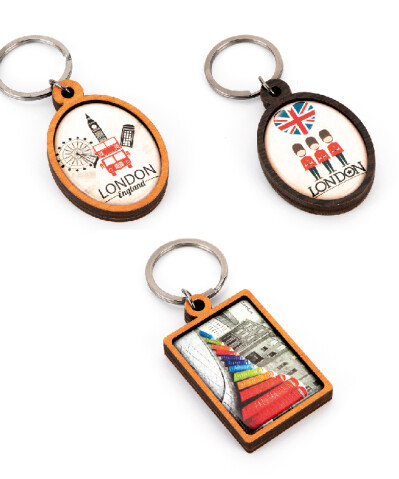 Wooden keyrings with doming sticker